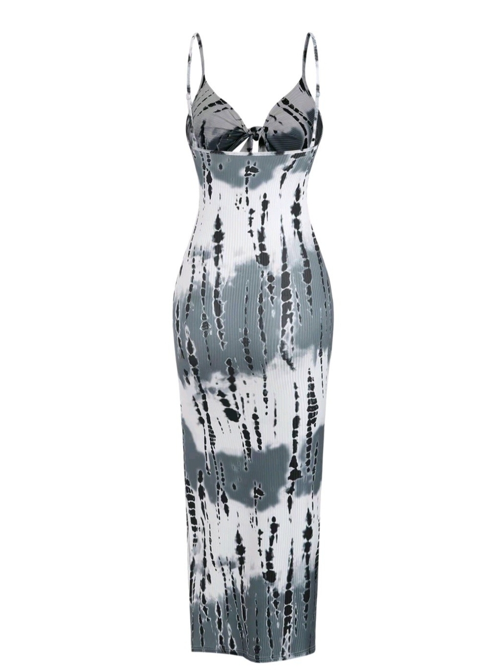 Tie-Dye Ribbed Spaghetti Strap Maxi Dress - Black & White Stretchy With Compress